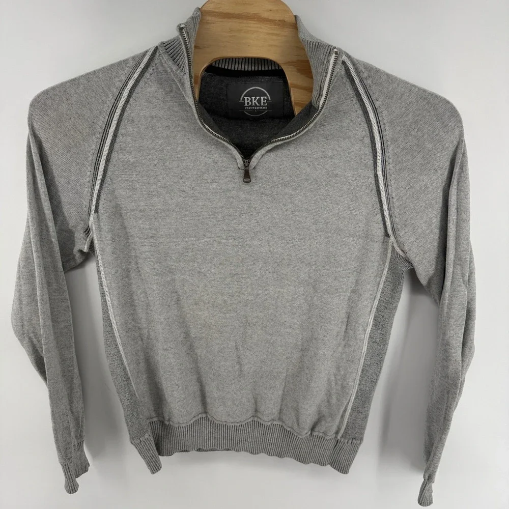 BKE Men Large Gray 100% Cotton Athletic Fit Quarter Zip Mock Neck Sweater Raglan